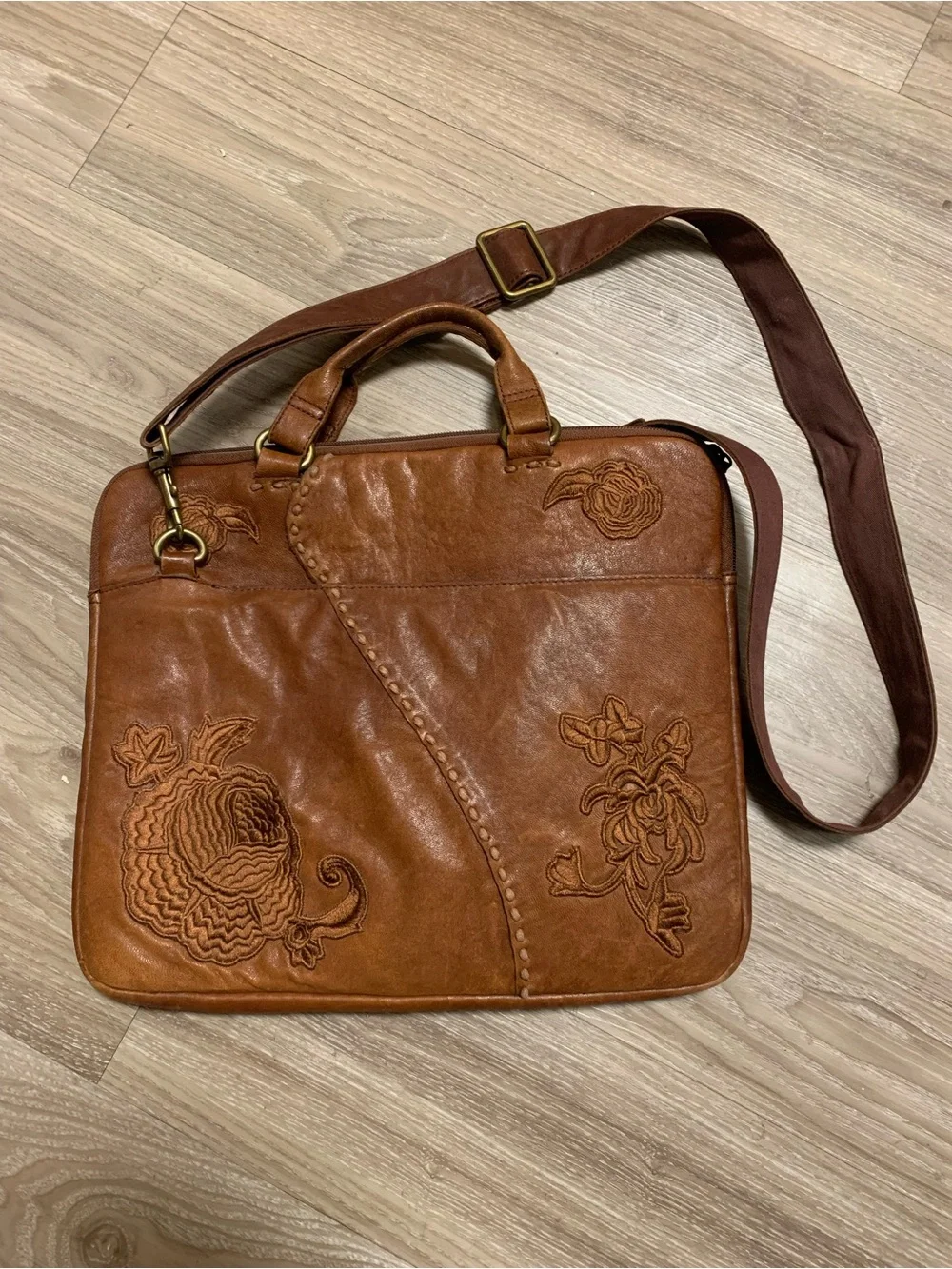 Lucky Brand Brown Leather Embroidered Floral Laptop Bag
